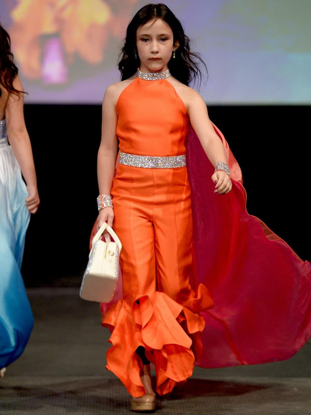 Style K8032 Marc Defang Girls Size 5 Prom Halter Orange Formal Jumpsuit on Queenly