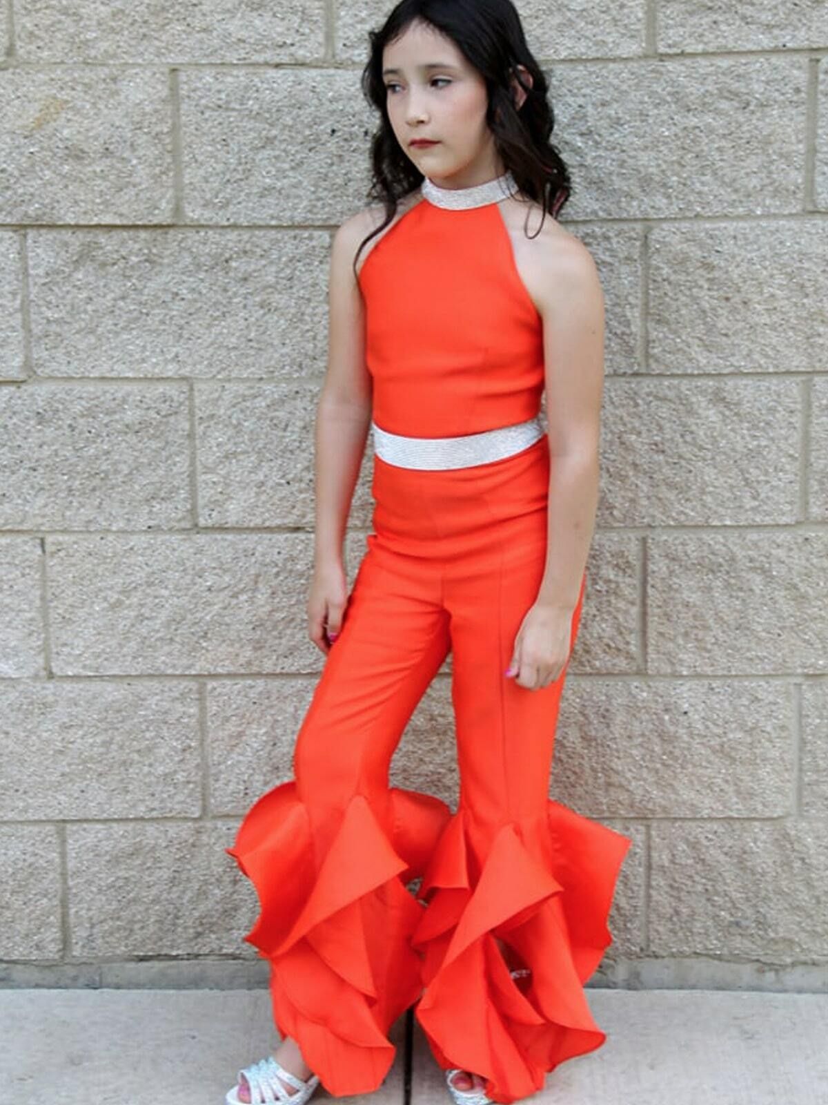 Style K8032 Marc Defang Girls Size 8 Prom Halter Orange Formal Jumpsuit on Queenly