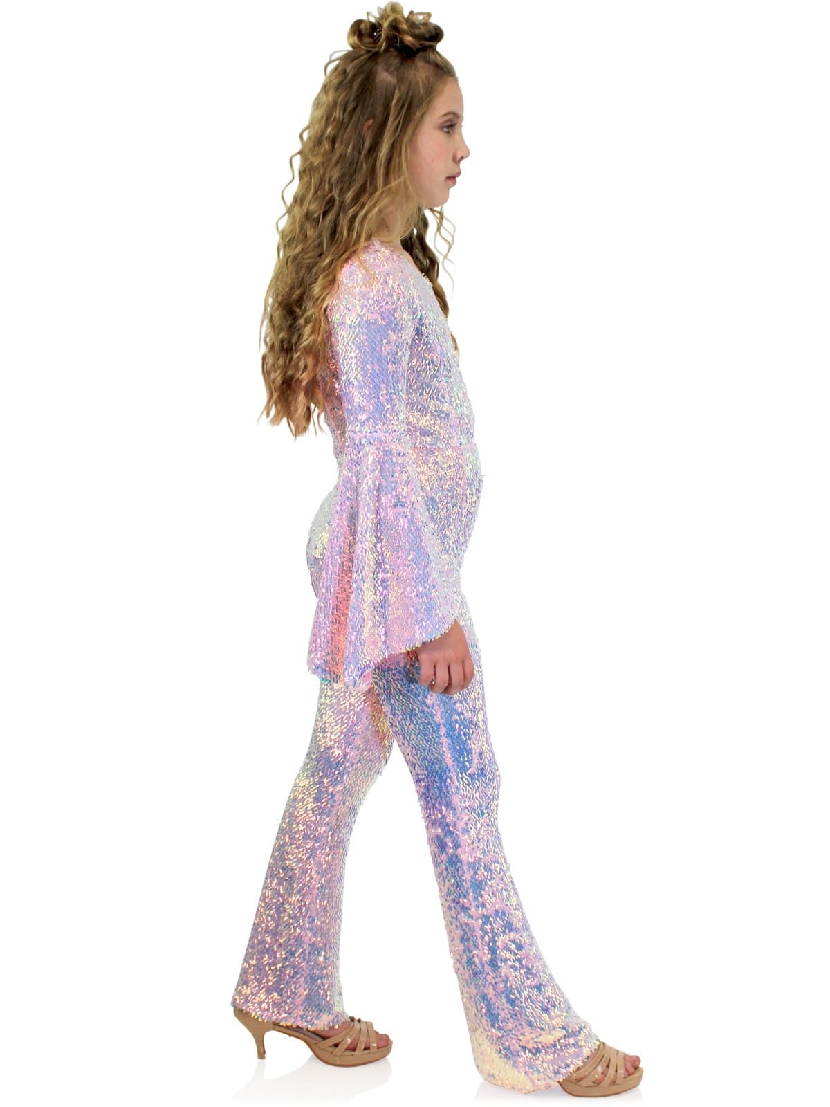 Style K8004 Marc Defang Girls Size 4 Prom Long Sleeve Sequined Light Pink Formal Jumpsuit on Queenly