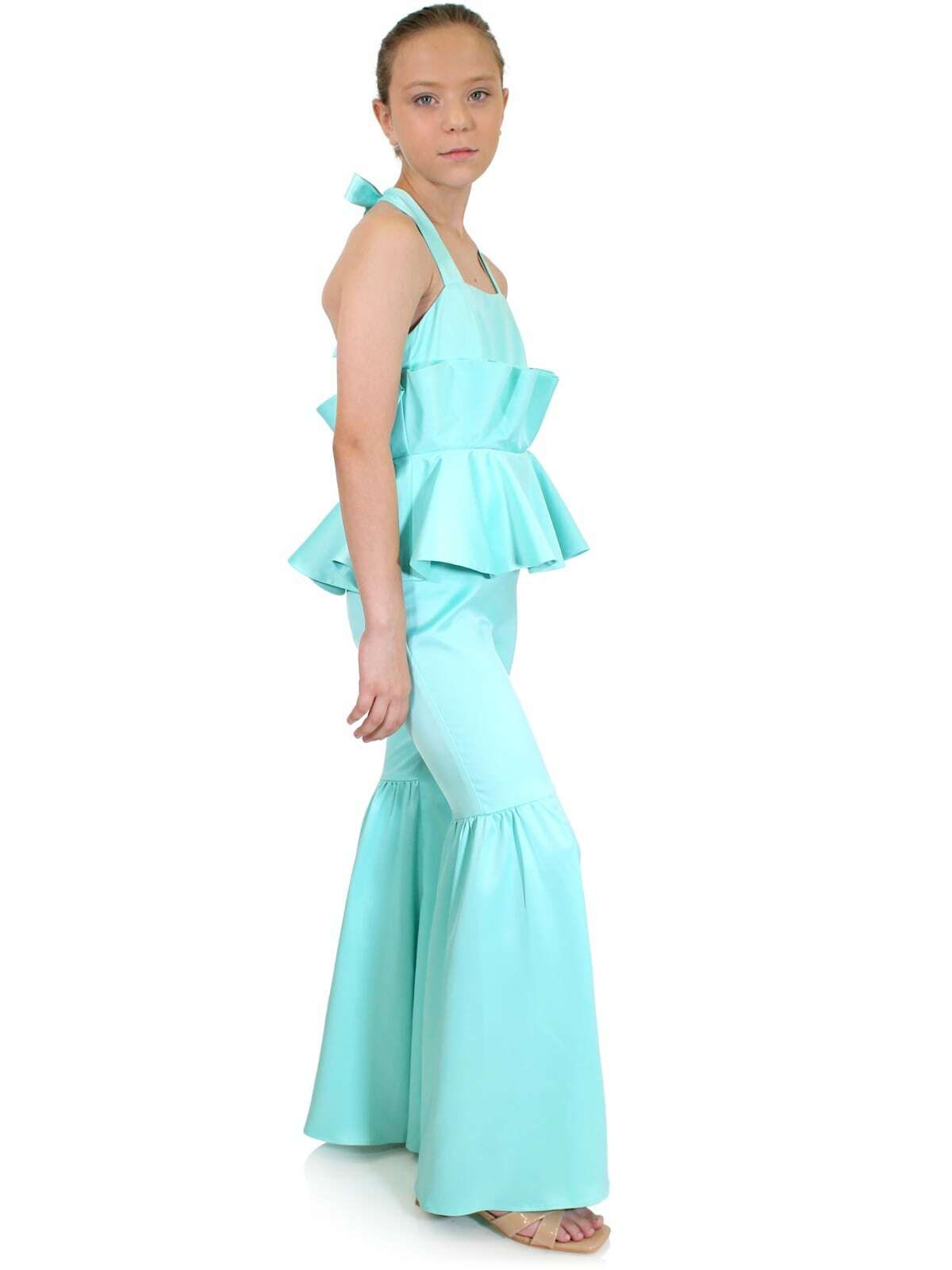 Style 5025 Marc Defang Girls Size 4 Prom Satin Turquoise Blue Formal Jumpsuit on Queenly
