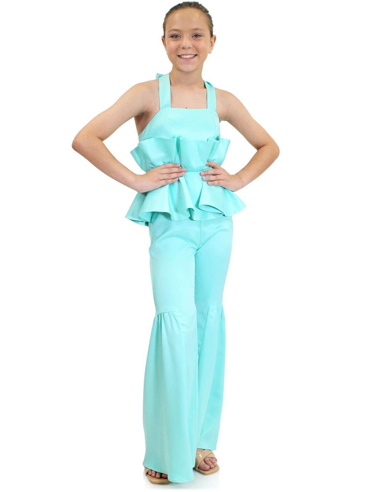 Style 5025 Marc Defang Girls Size 4 Prom Satin Turquoise Blue Formal Jumpsuit on Queenly