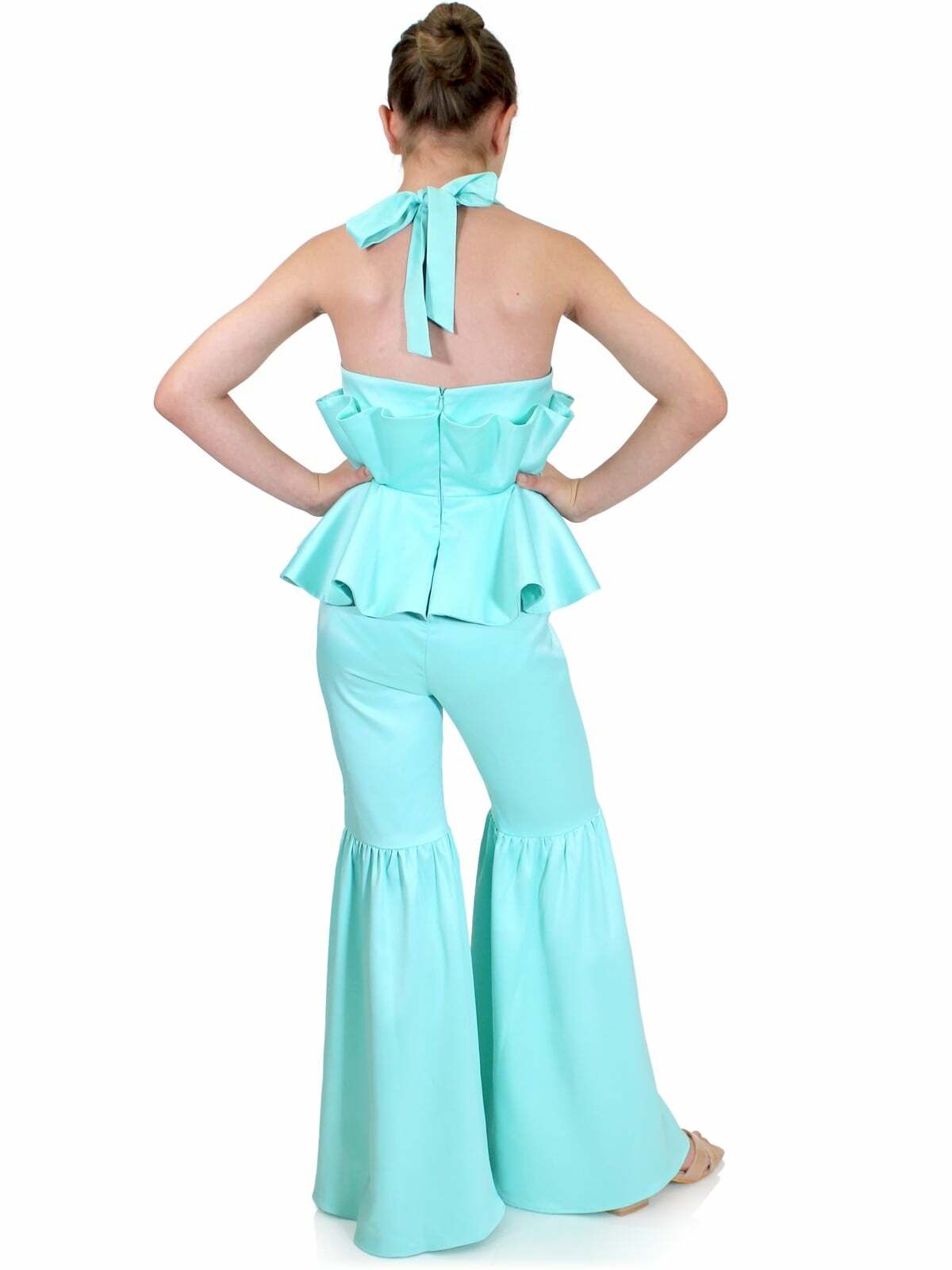Style 5025 Marc Defang Girls Size 6 Prom Satin Turquoise Blue Formal Jumpsuit on Queenly