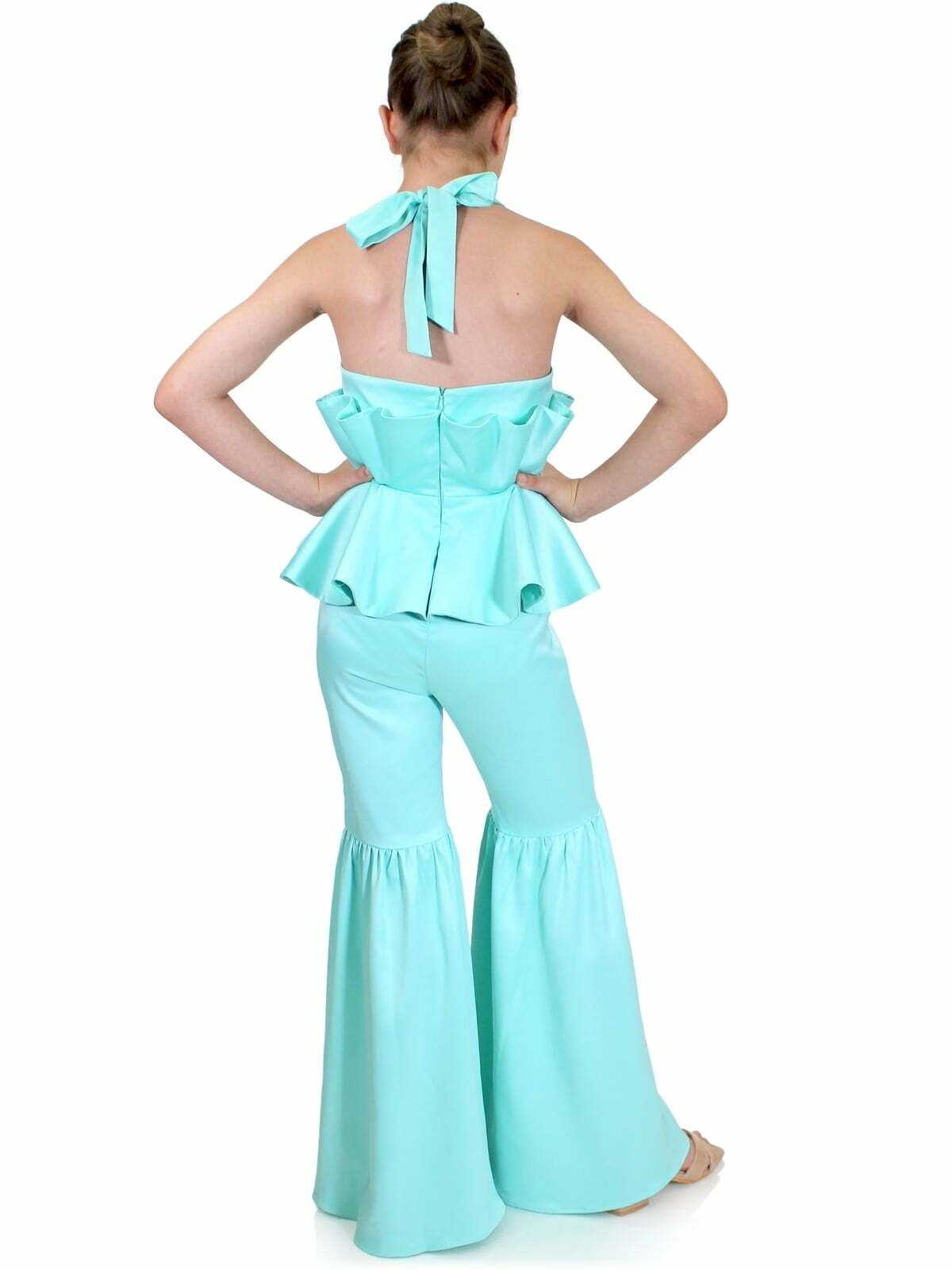 Style 5025 Marc Defang Girls Size 12 Prom Satin Turquoise Blue Formal Jumpsuit on Queenly