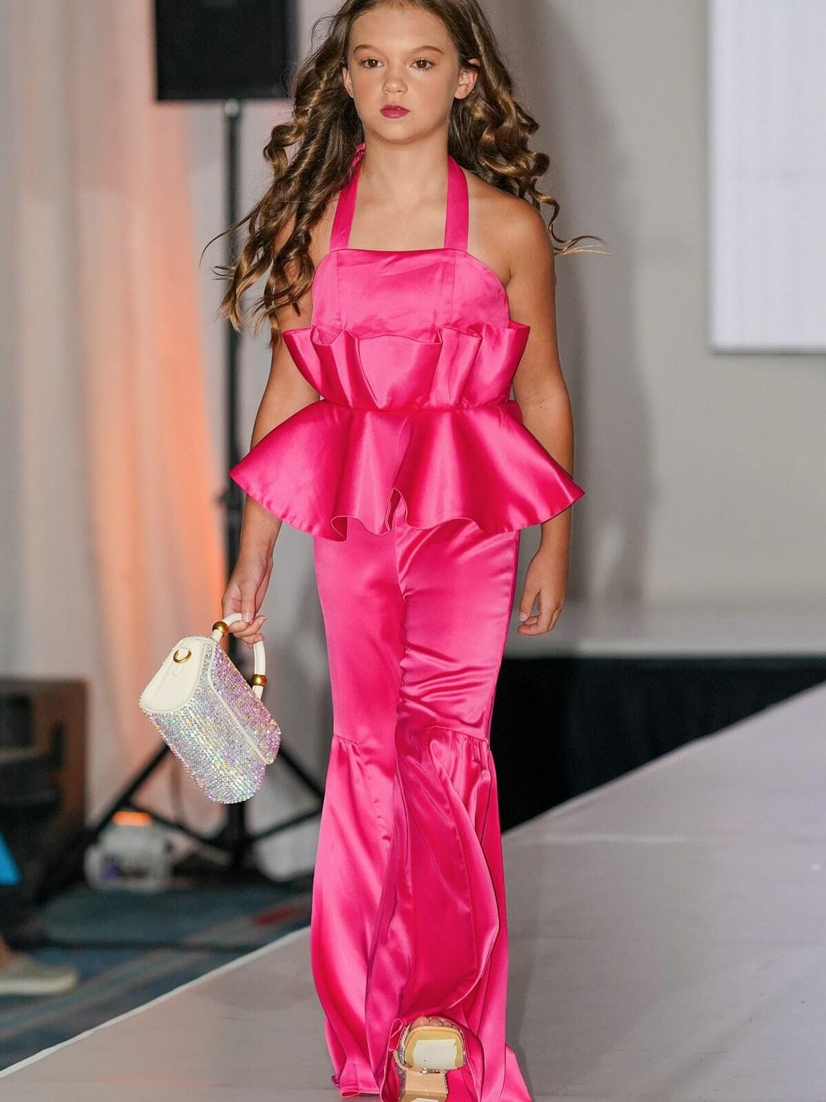 Style 5025 Marc Defang Girls Size 6 Prom Satin Hot Pink Formal Jumpsuit on Queenly