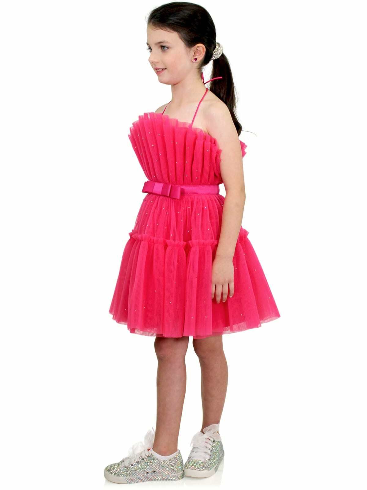 Style 8029K Marc Defang Girls Size 4 Prom Halter Satin Hot Pink Cocktail Dress on Queenly