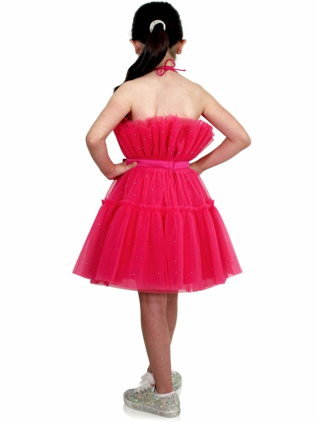 Style 8029K Marc Defang Girls Size 8 Prom Halter Satin Hot Pink Cocktail Dress on Queenly