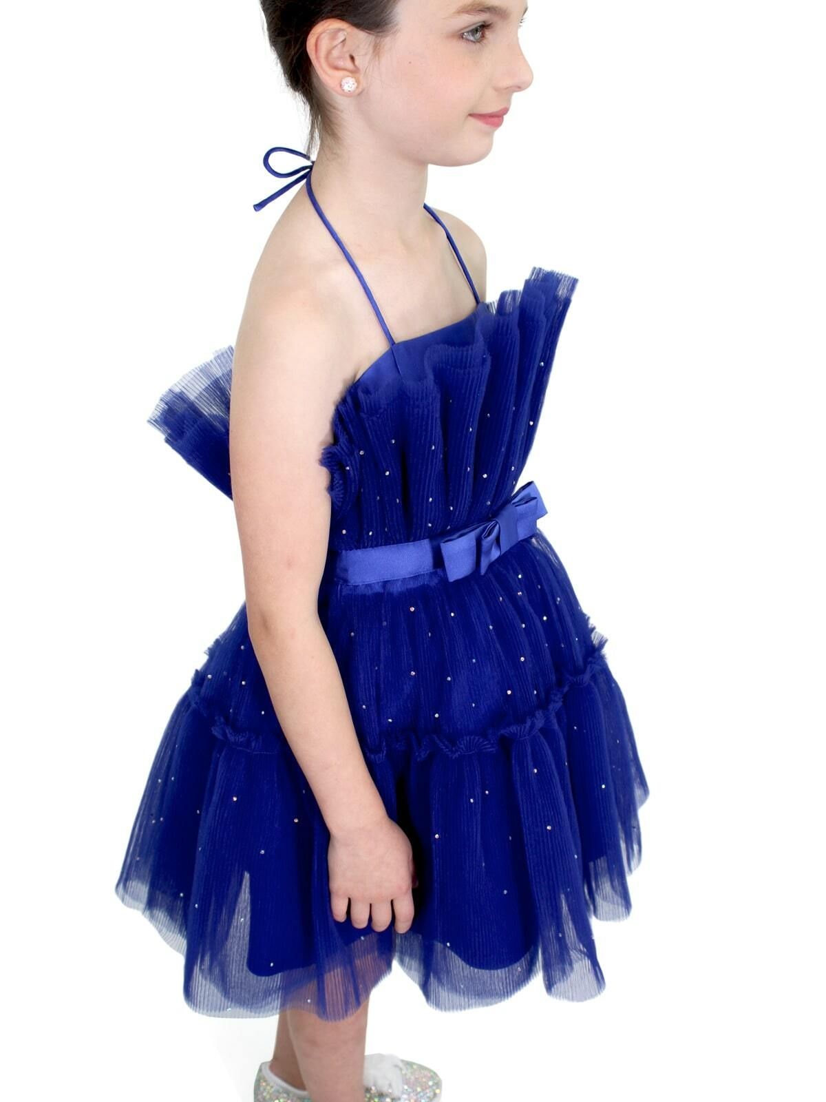 Style 8029K Marc Defang Girls Size 5 Prom Halter Satin Royal Blue Cocktail Dress on Queenly