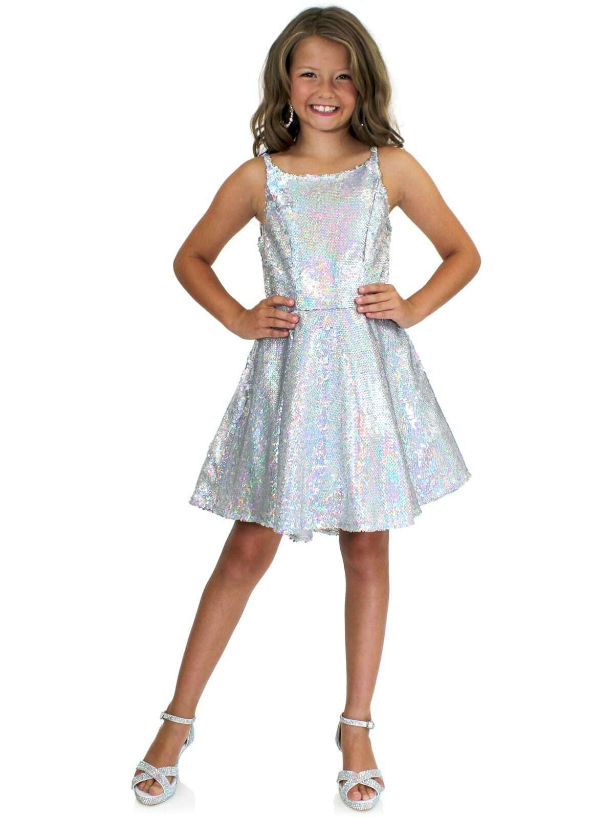Style 5013 Marc Defang Girls Size 8 Prom Sequined Silver Cocktail Dress on Queenly