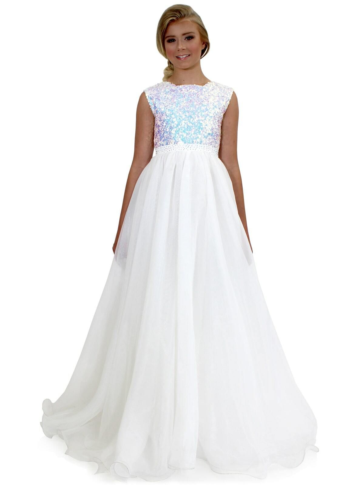 Style 5009 Marc Defang Girls Size 7 Prom Sequined White Ball Gown on Queenly