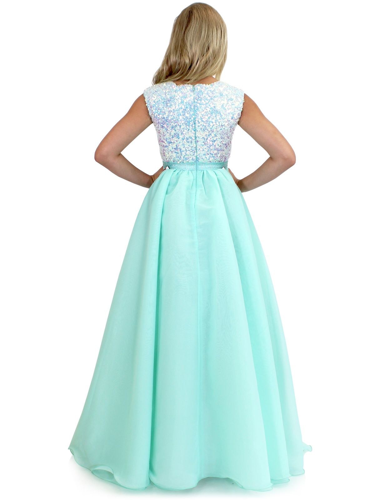 Style 5009 Marc Defang Girls Size 14 Prom Sequined Turquoise Blue Ball Gown on Queenly