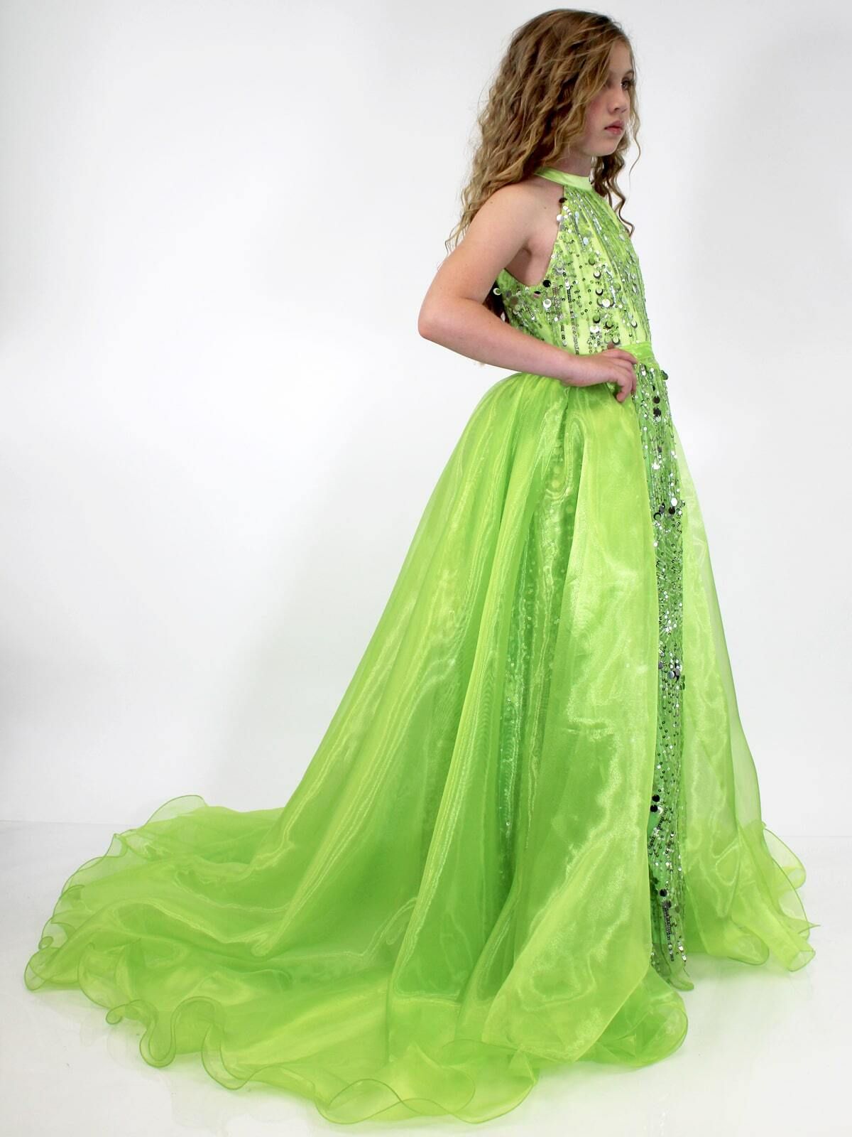 Style 5012 Marc Defang Girls Size 7 Prom Halter Sequined Green Ball Gown on Queenly