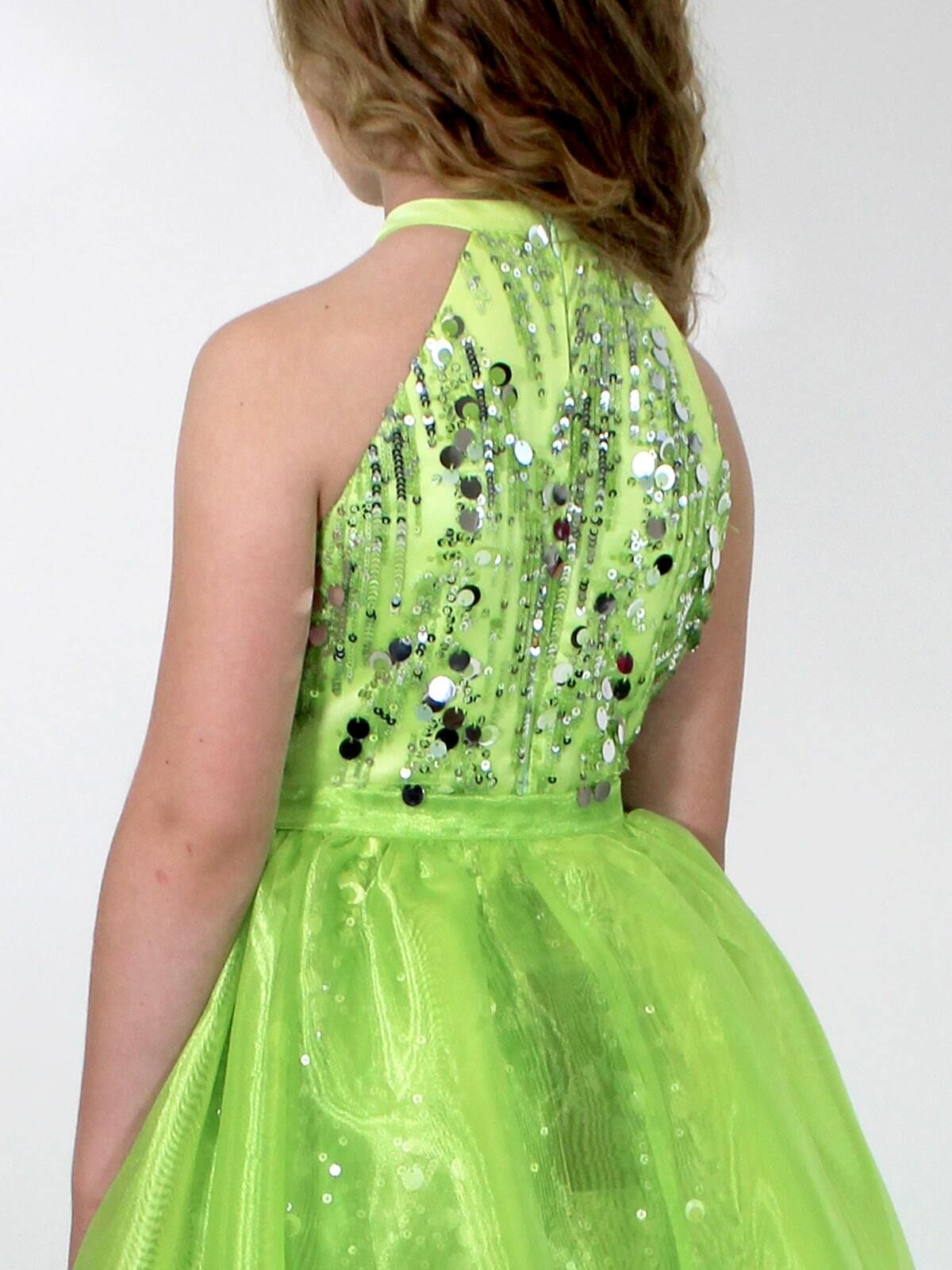 Style 5012 Marc Defang Girls Size 7 Prom Halter Sequined Green Ball Gown on Queenly