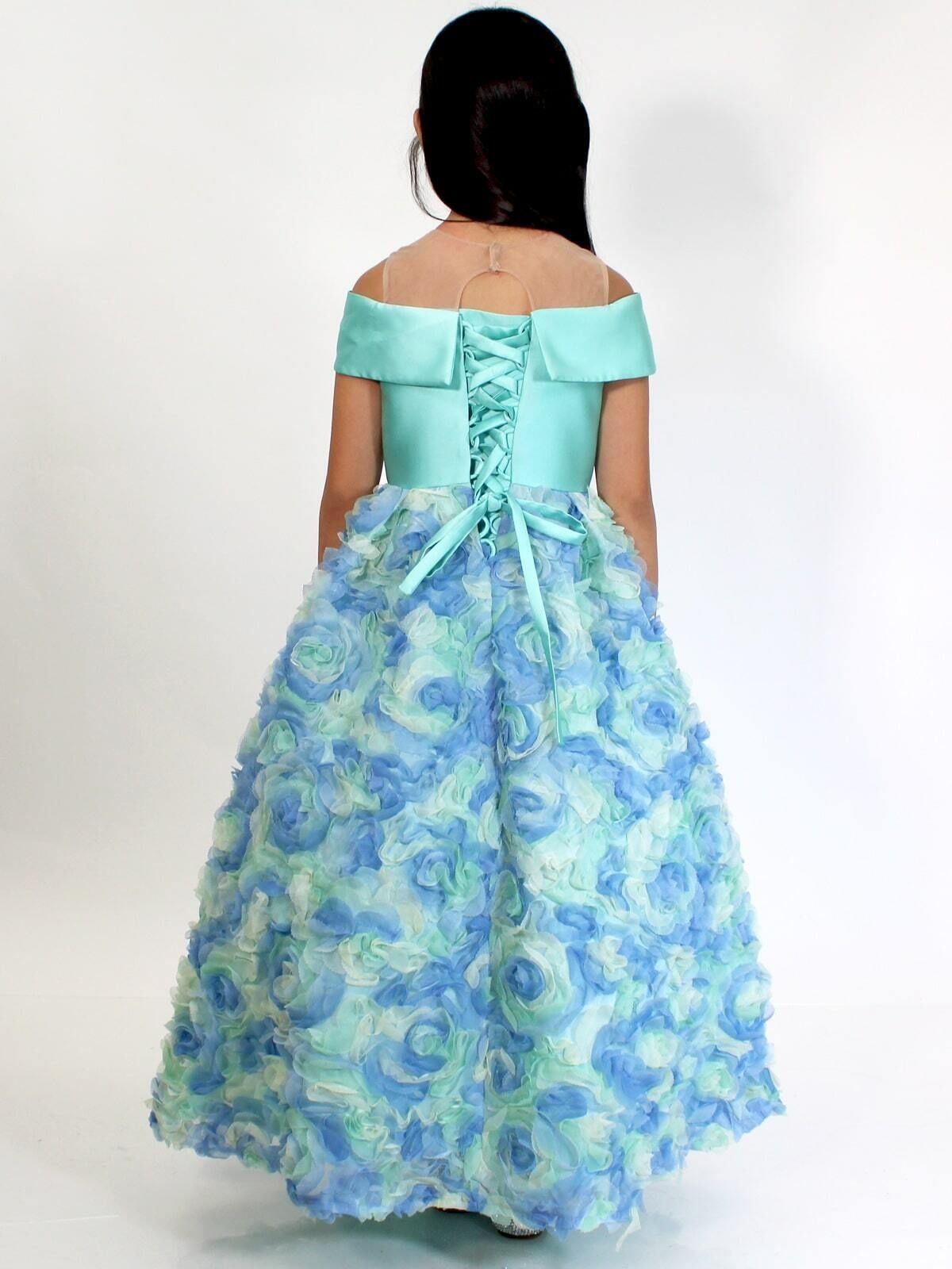 Style 5029 Marc Defang Girls Size 4 Prom Satin Turquoise Blue Ball Gown on Queenly