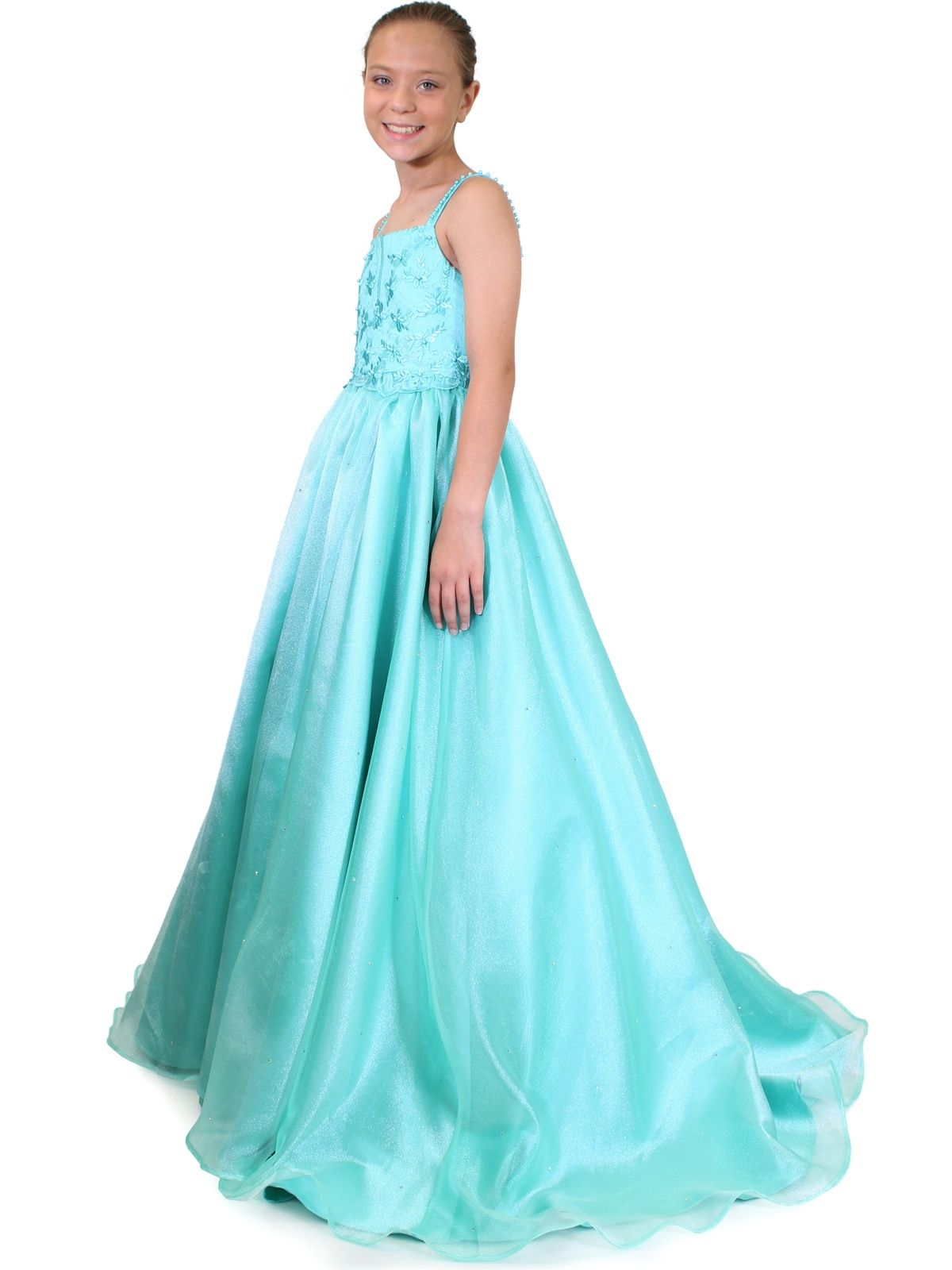 Style 5018 Marc Defang Girls Size 5 Prom Sequined Turquoise Blue Ball Gown on Queenly