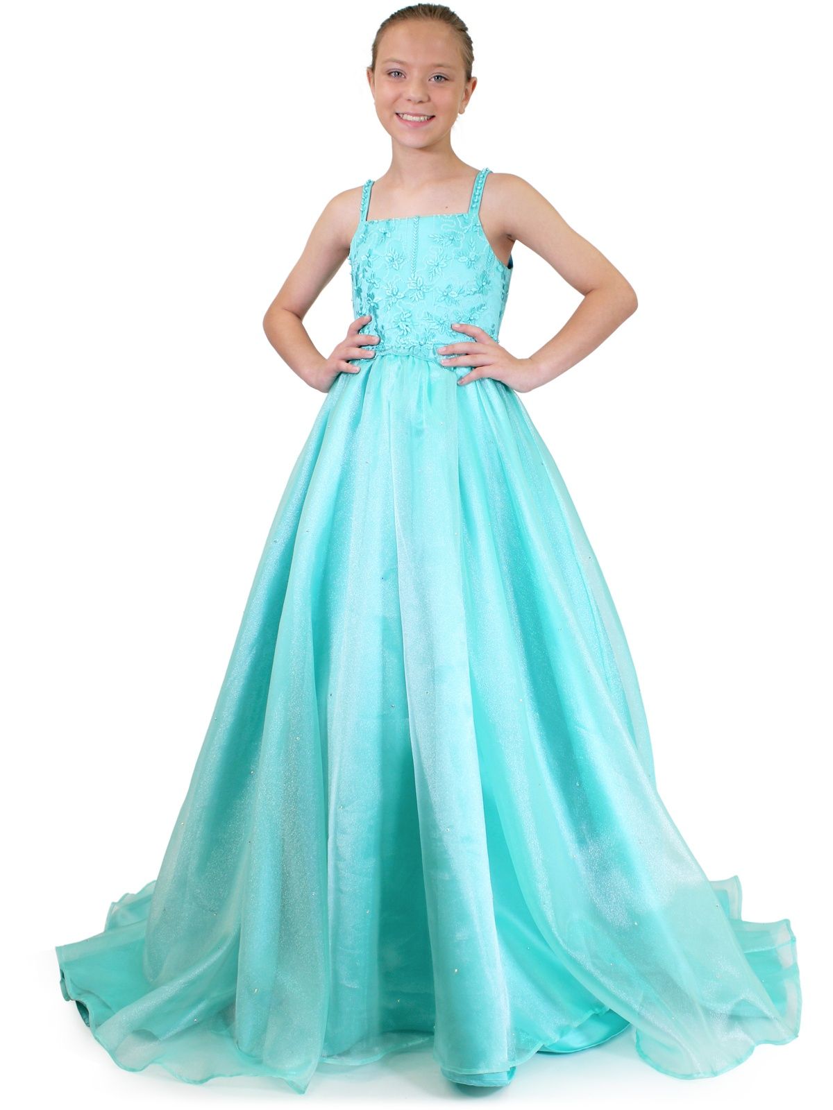 Style 5018 Marc Defang Girls Size 5 Prom Sequined Turquoise Blue Ball Gown on Queenly