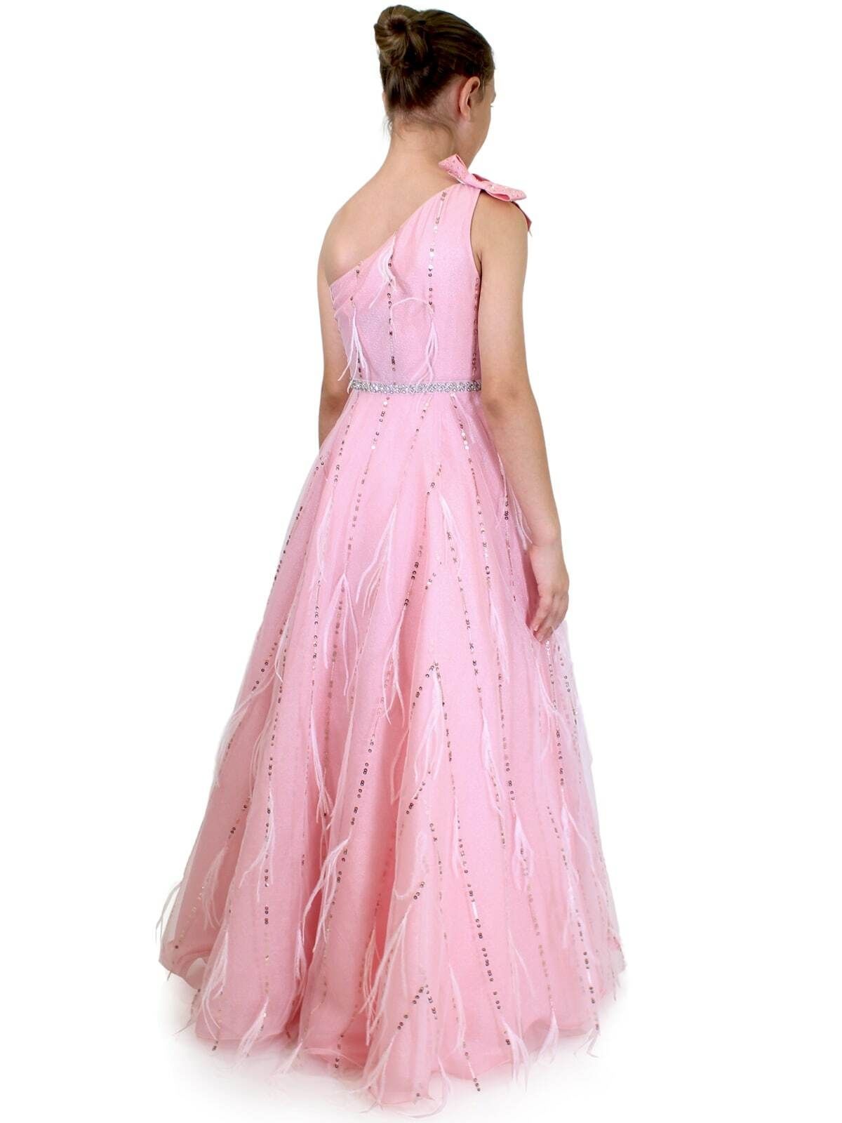 Style 5014 Marc Defang Girls Size 4 Prom One Shoulder Sequined Light Pink Ball Gown on Queenly