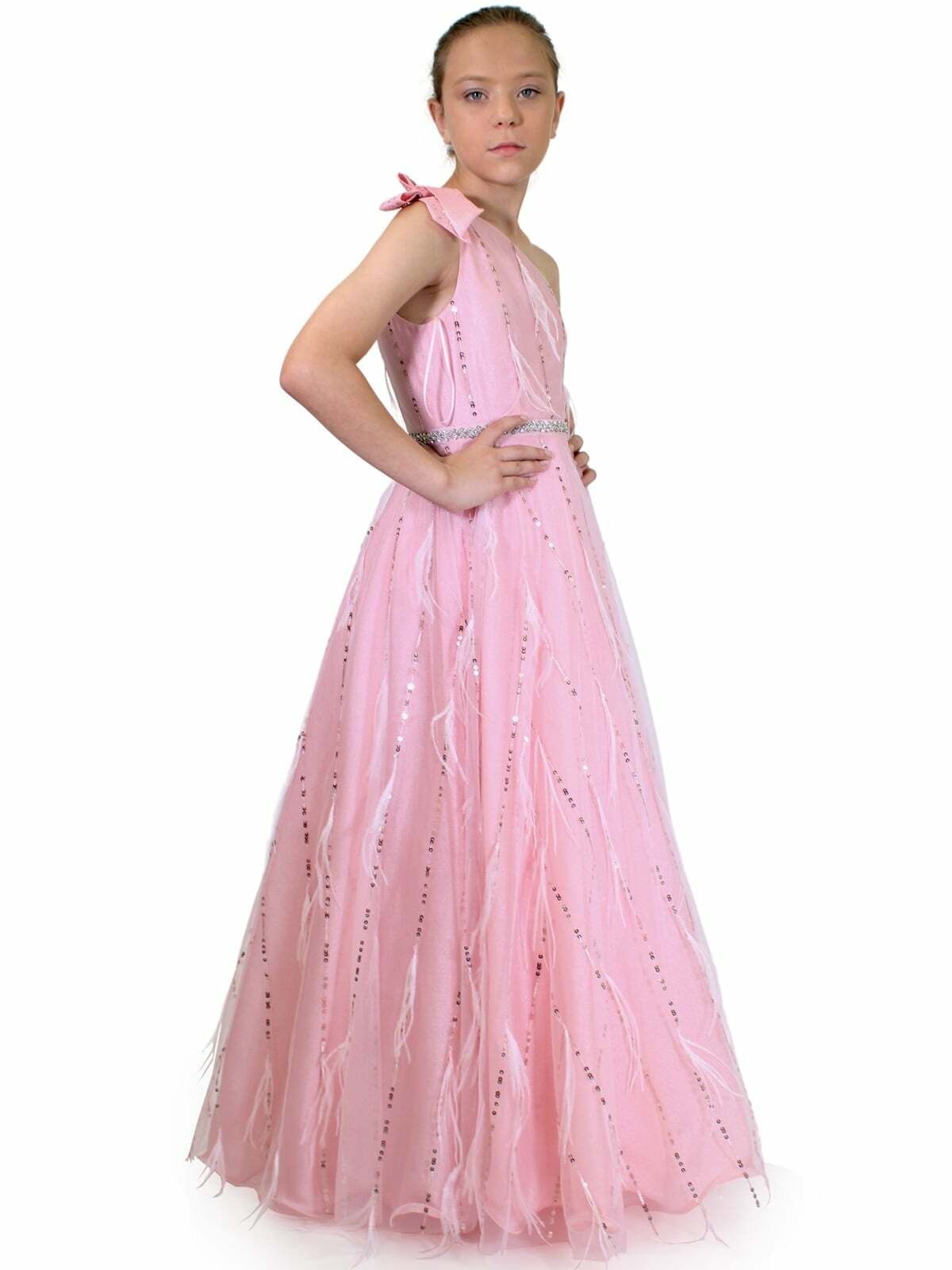 Style 5014 Marc Defang Girls Size 6 Prom One Shoulder Sequined Light Pink Ball Gown on Queenly
