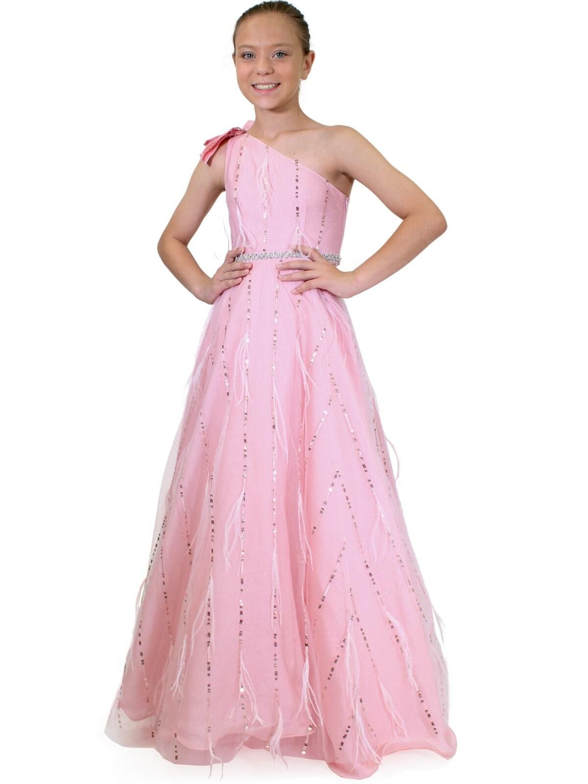 Style 5014 Marc Defang Girls Size 7 Prom Sequined Pink Ball Gown on Queenly