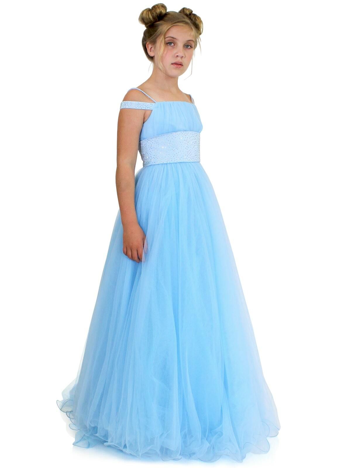 Style 5006 Marc Defang Girls Size 4 Prom Off The Shoulder Sequined Light Blue Ball Gown on Queenly