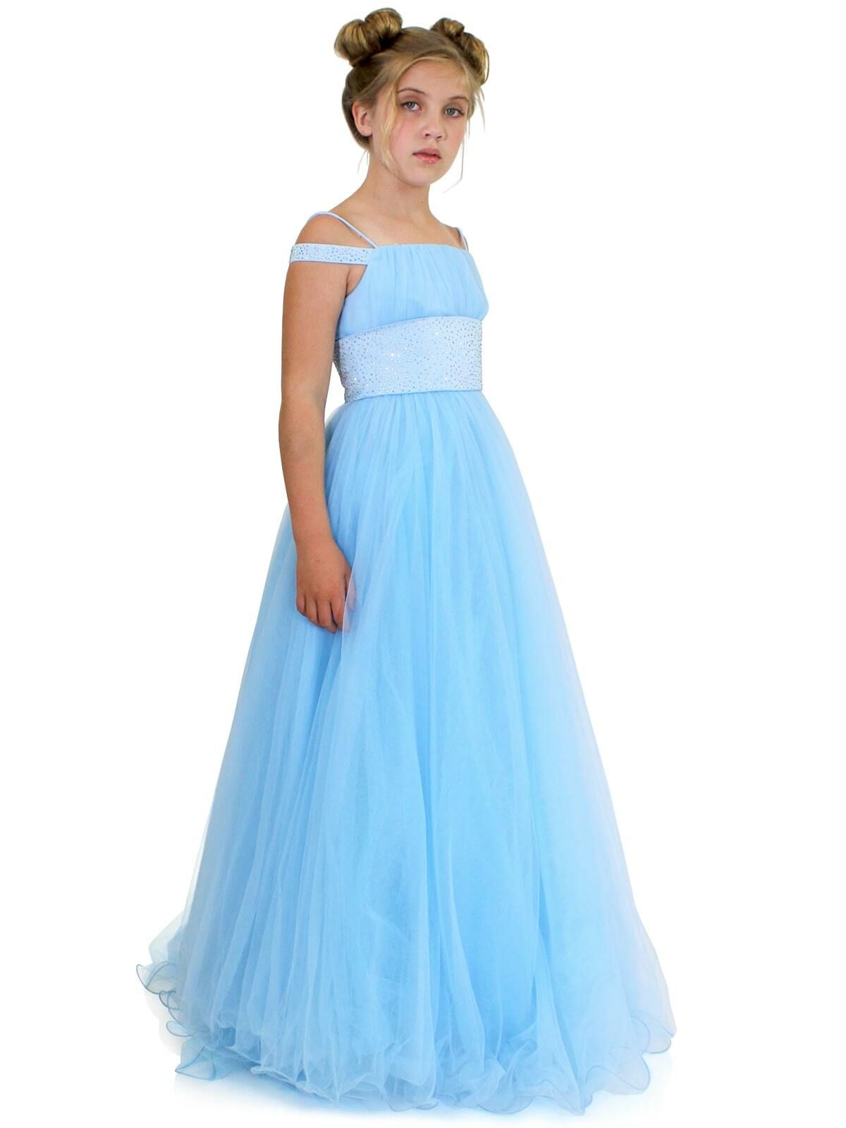 Style 5006 Marc Defang Girls Size 7 Prom Off The Shoulder Sequined Light Blue Ball Gown on Queenly