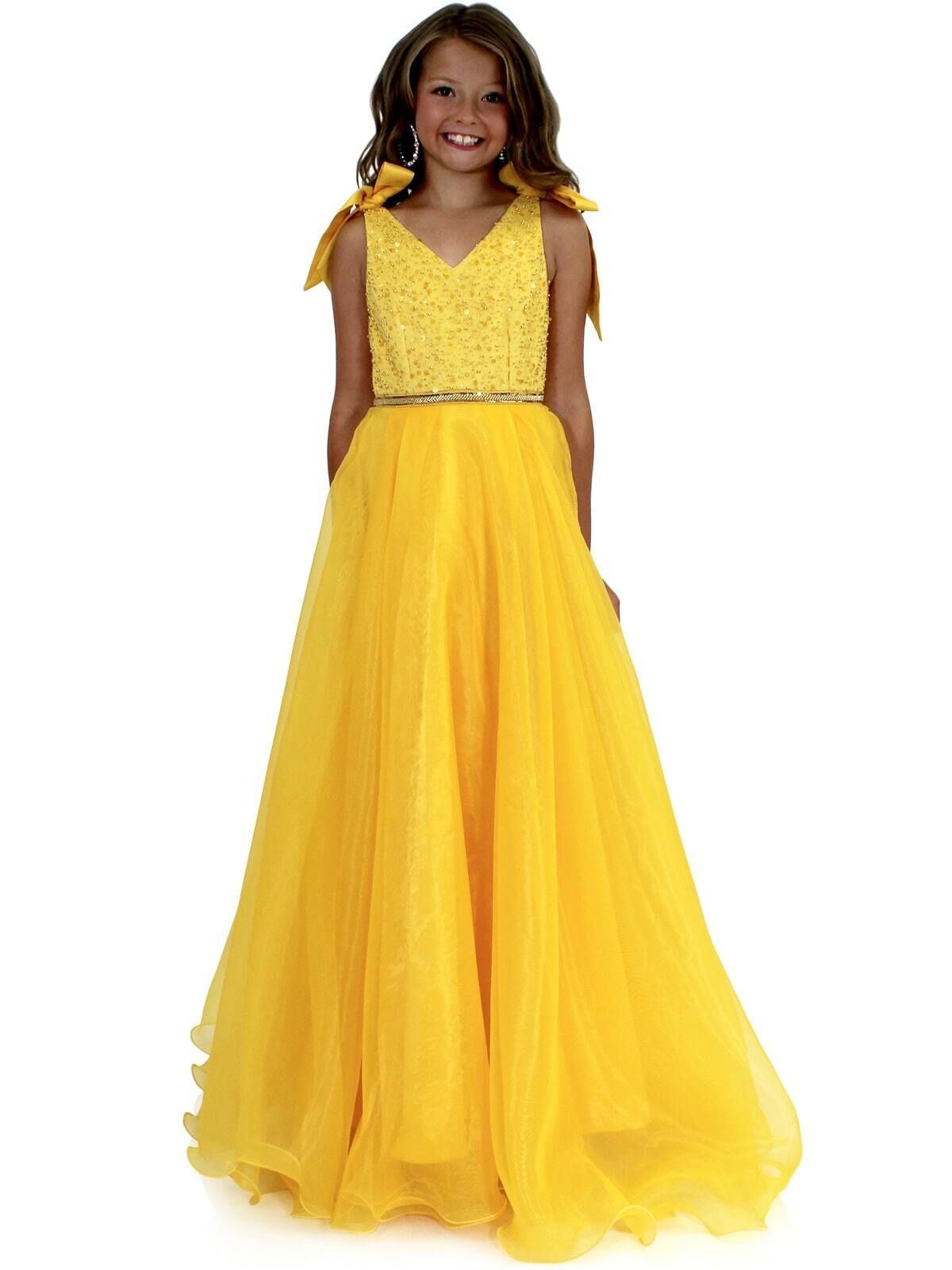 Style 5015 Marc Defang Girls Size 8 Prom Sequined Yellow Ball Gown on Queenly