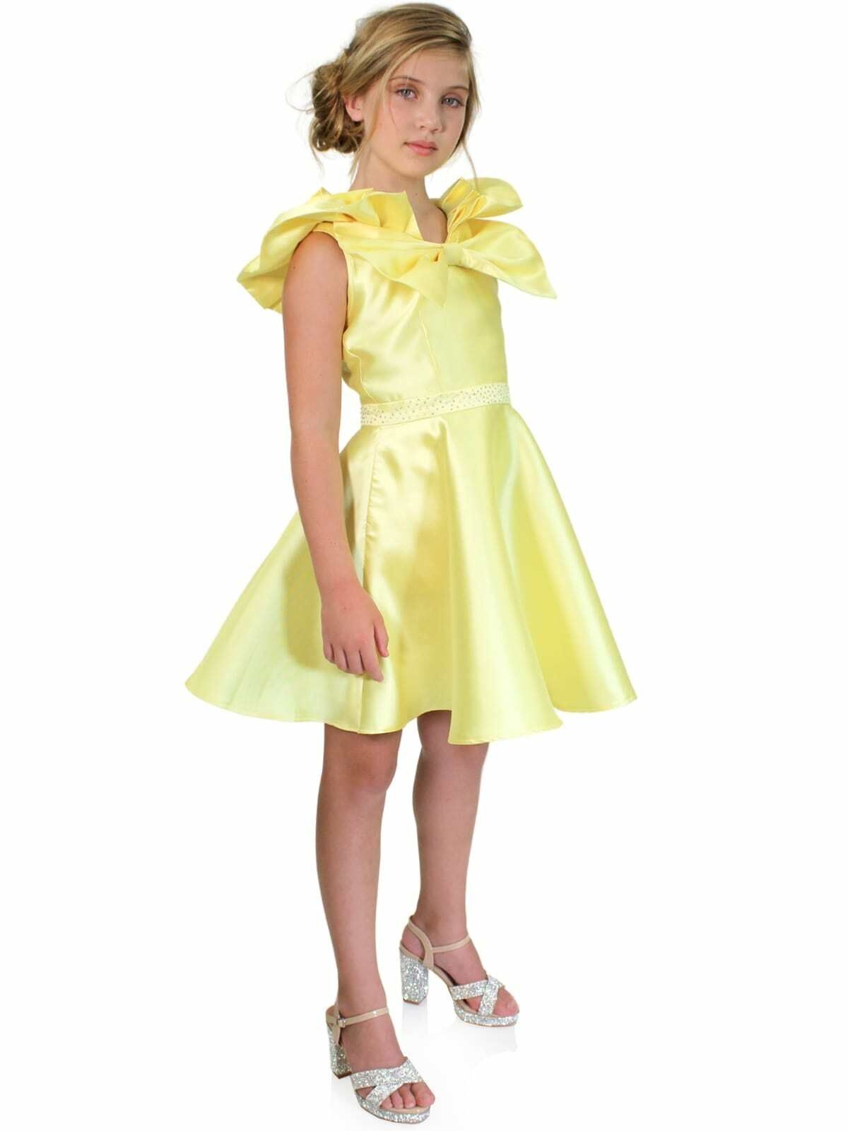 Style K6013 Marc Defang Girls Size 4 Prom High Neck Sequined Yellow Cocktail Dress on Queenly