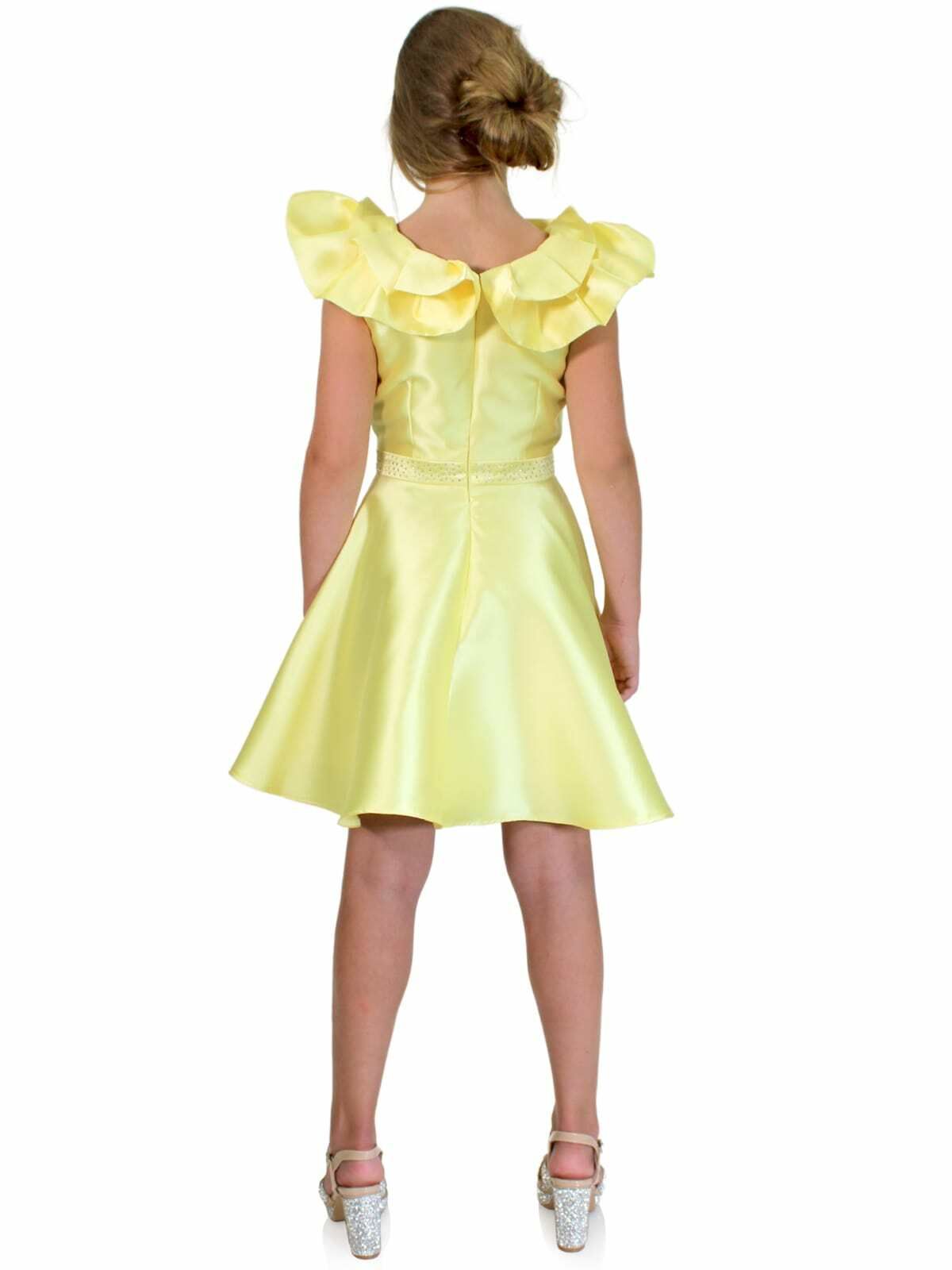 Style K6013 Marc Defang Girls Size 5 Prom High Neck Sequined Yellow Cocktail Dress on Queenly