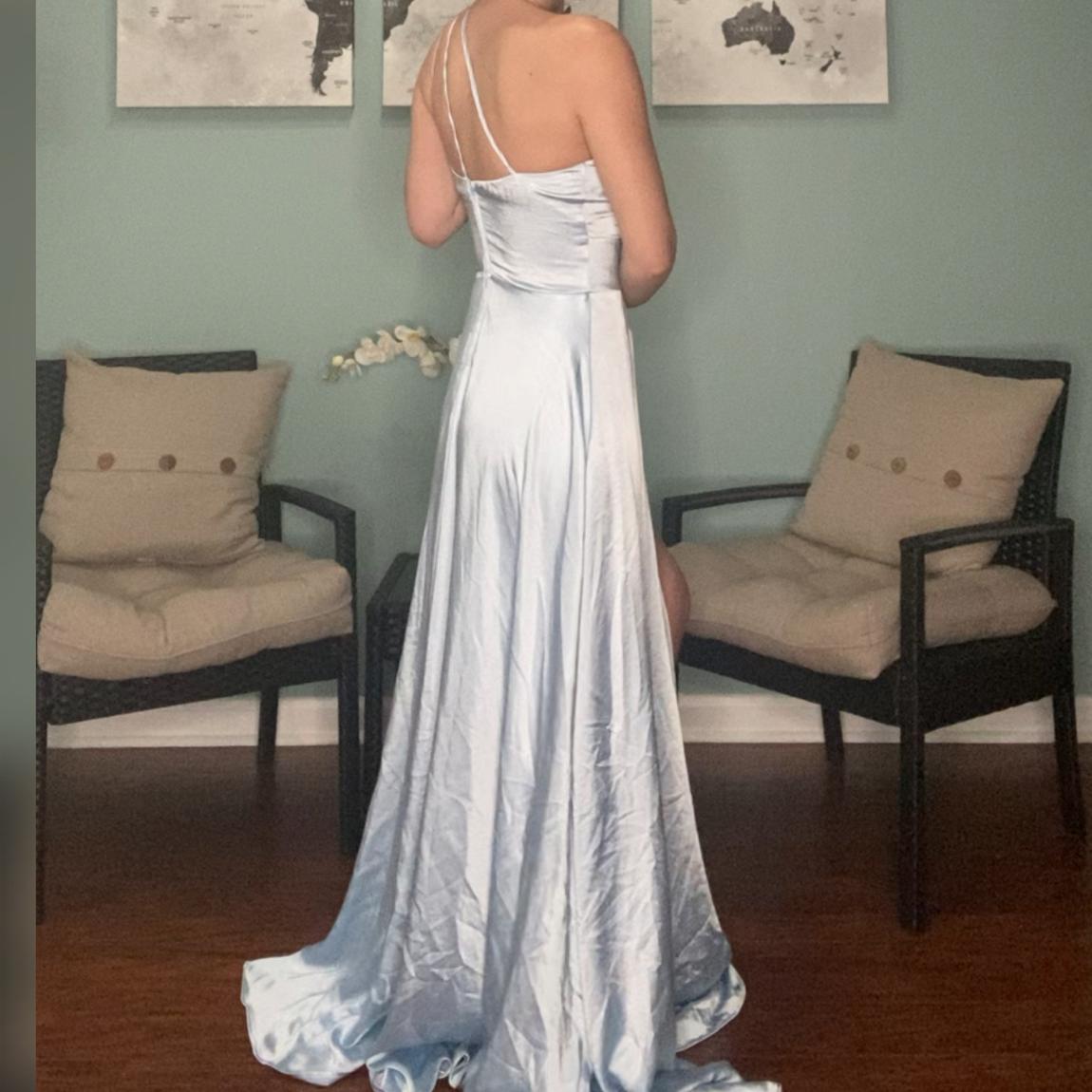 Size 4 Prom One Shoulder Satin Blue Mermaid Dress on Queenly