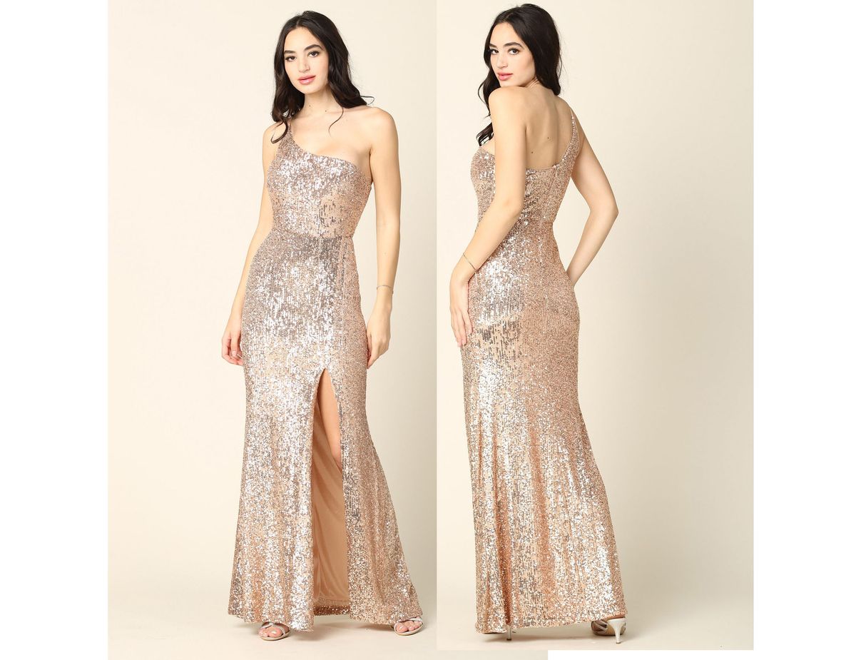 Style Rose Gold One Shoulder Sequined Ball Gown EVA Size 8 Homecoming One Shoulder Gold Side Slit Dress on Queenly