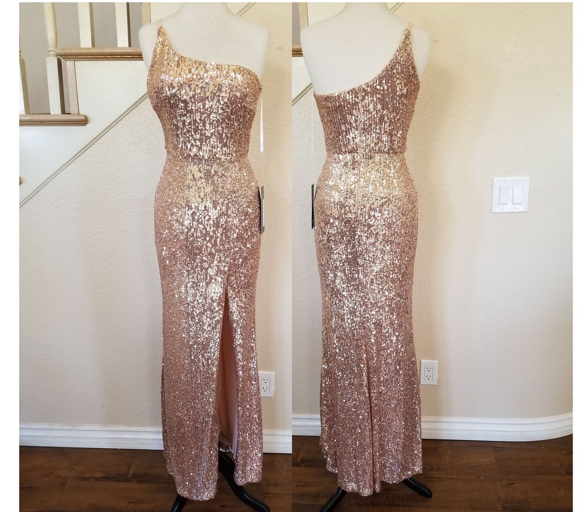Style Rose Gold One Shoulder Sequined Ball Gown EVA Size 8 Homecoming One Shoulder Gold Side Slit Dress on Queenly