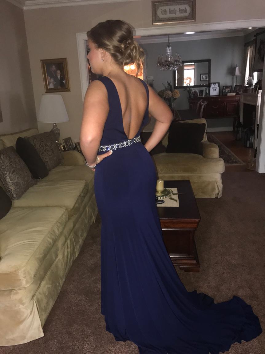 Style 36060 Jovani Size 8 Prom Plunge Sequined Navy Blue Mermaid Dress on Queenly
