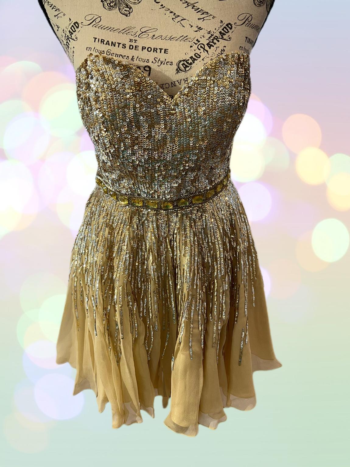 Sherri Hill Size 4 Homecoming Strapless Satin Gold A-line Dress on Queenly