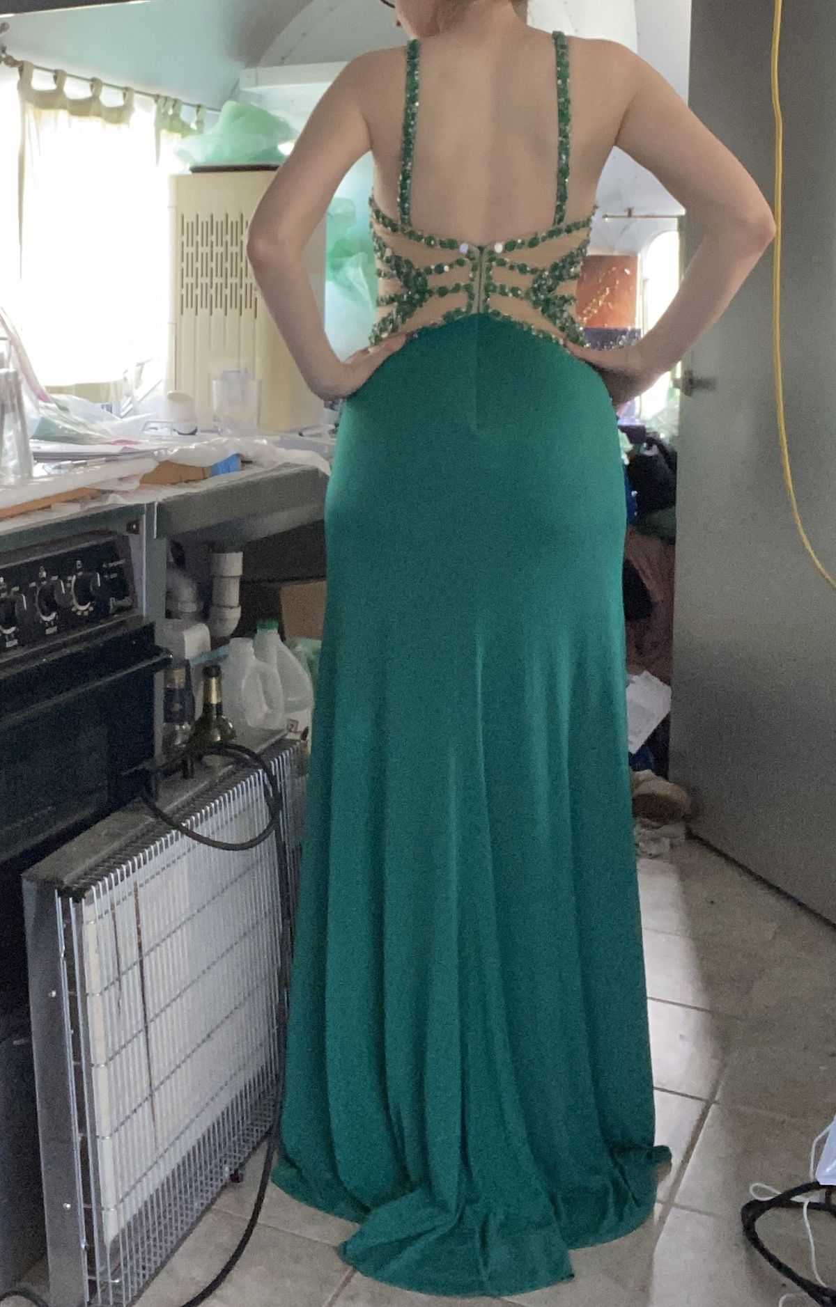 Size 6 Sheer Green Side Slit Dress on Queenly