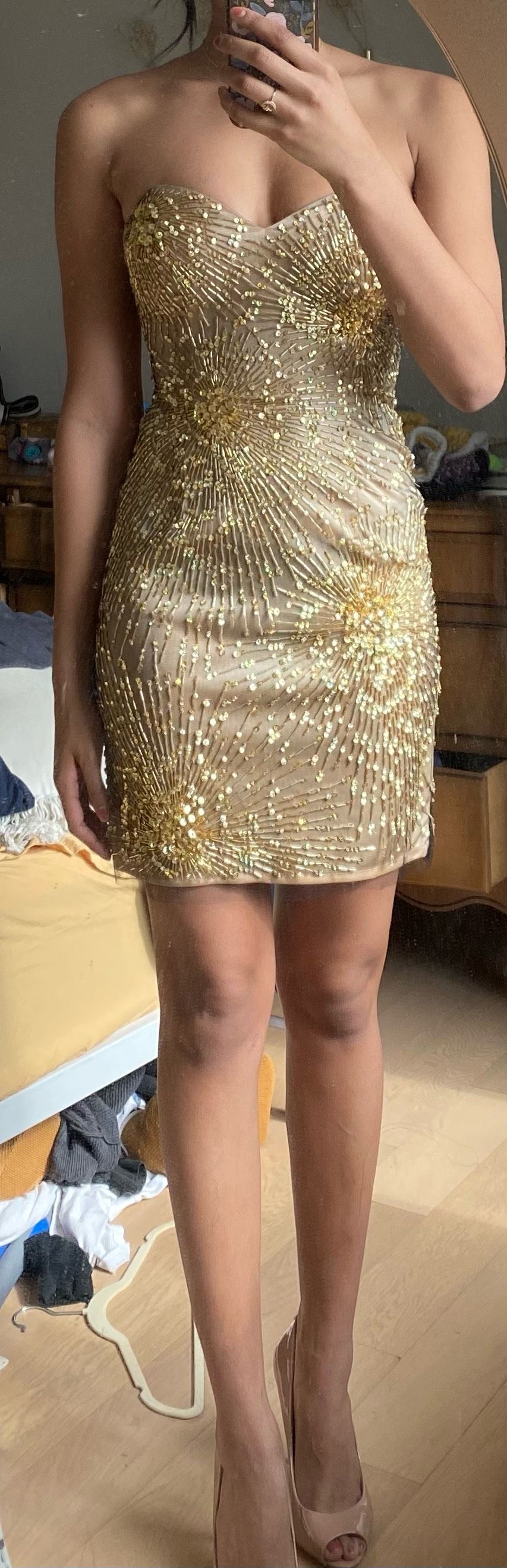 Jovani Size 0 Homecoming Strapless Sequined Gold Cocktail Dress on Queenly