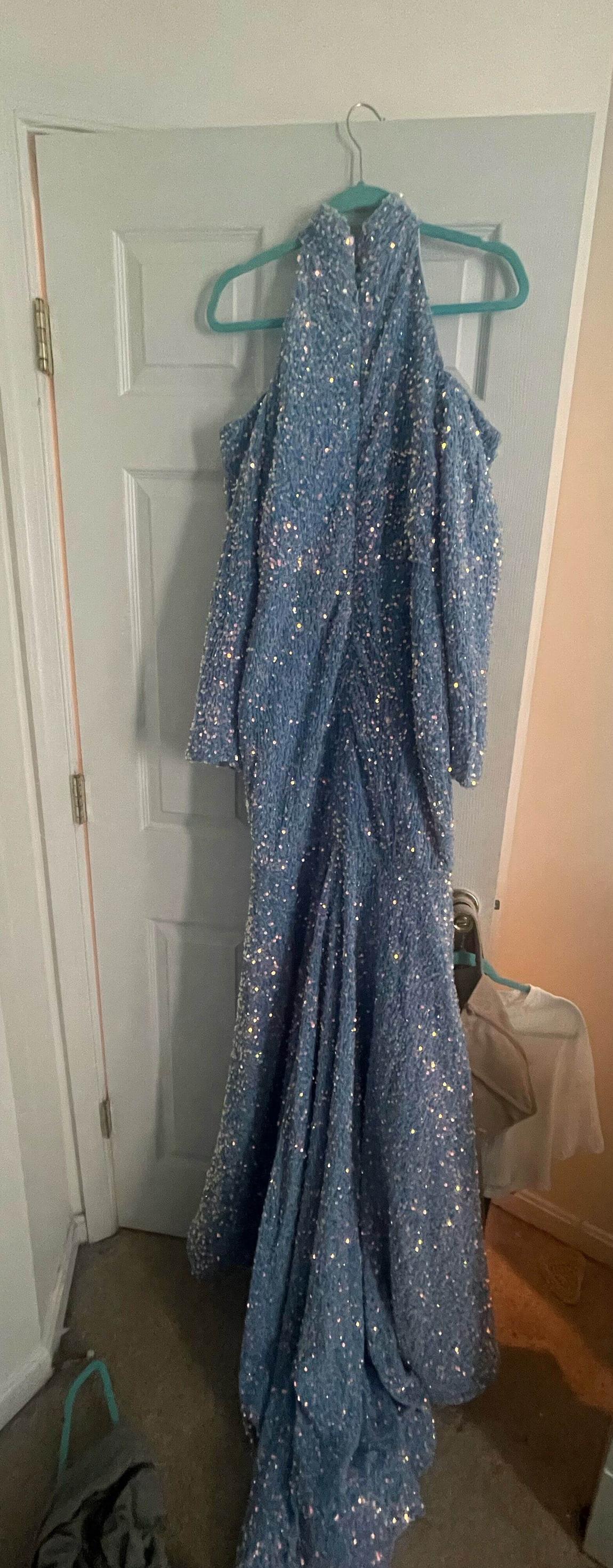 Size 4 Prom High Neck Sequined Blue Mermaid Dress on Queenly