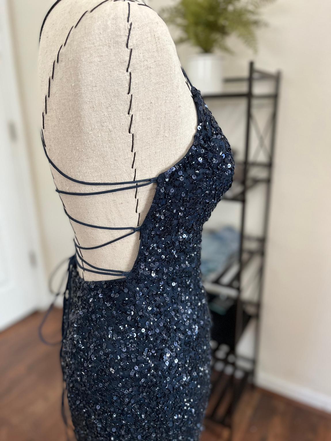 Size 6 Prom Sequined Navy Blue A-line Dress on Queenly