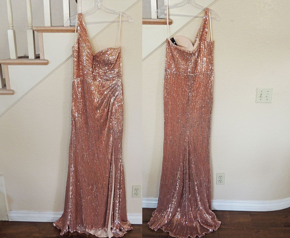 Style Rose Gold Sequined One Shoulder Mermaid Gown Cinderella Size 6 Prom One Shoulder Pink Mermaid Dress on Queenly