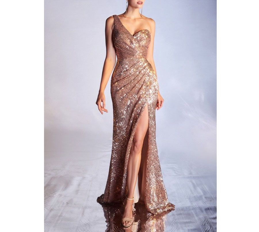 Style Rose Gold Sequined One Shoulder Mermaid Gown Cinderella Size 6 Prom One Shoulder Pink Mermaid Dress on Queenly