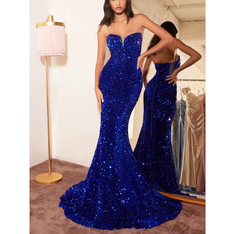 Style Royal Blue Sequined Strapless Sweetheart Neck Mermaid Gown  Cinderella Divine Size 8 Strapless Velvet Blue Mermaid Dress on Queenly