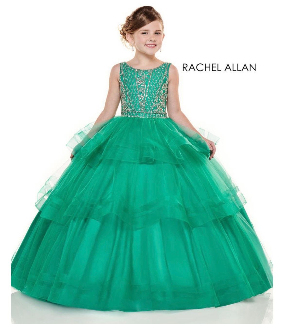 Rachel Allan Girls Size 12 Pageant Green Ball Gown on Queenly