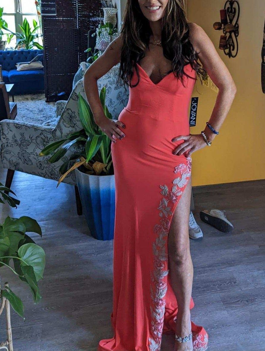 Jovani Size 2 Prom Off The Shoulder Sequined Coral Side Slit Dress on Queenly
