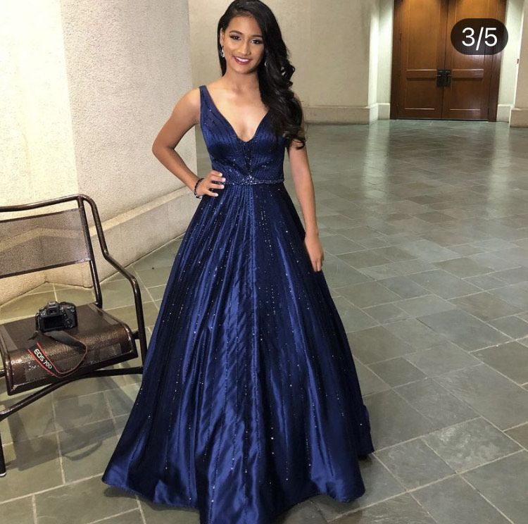 Sherri Hill Size 2 Bridesmaid Plunge Satin Navy Blue Ball Gown on Queenly