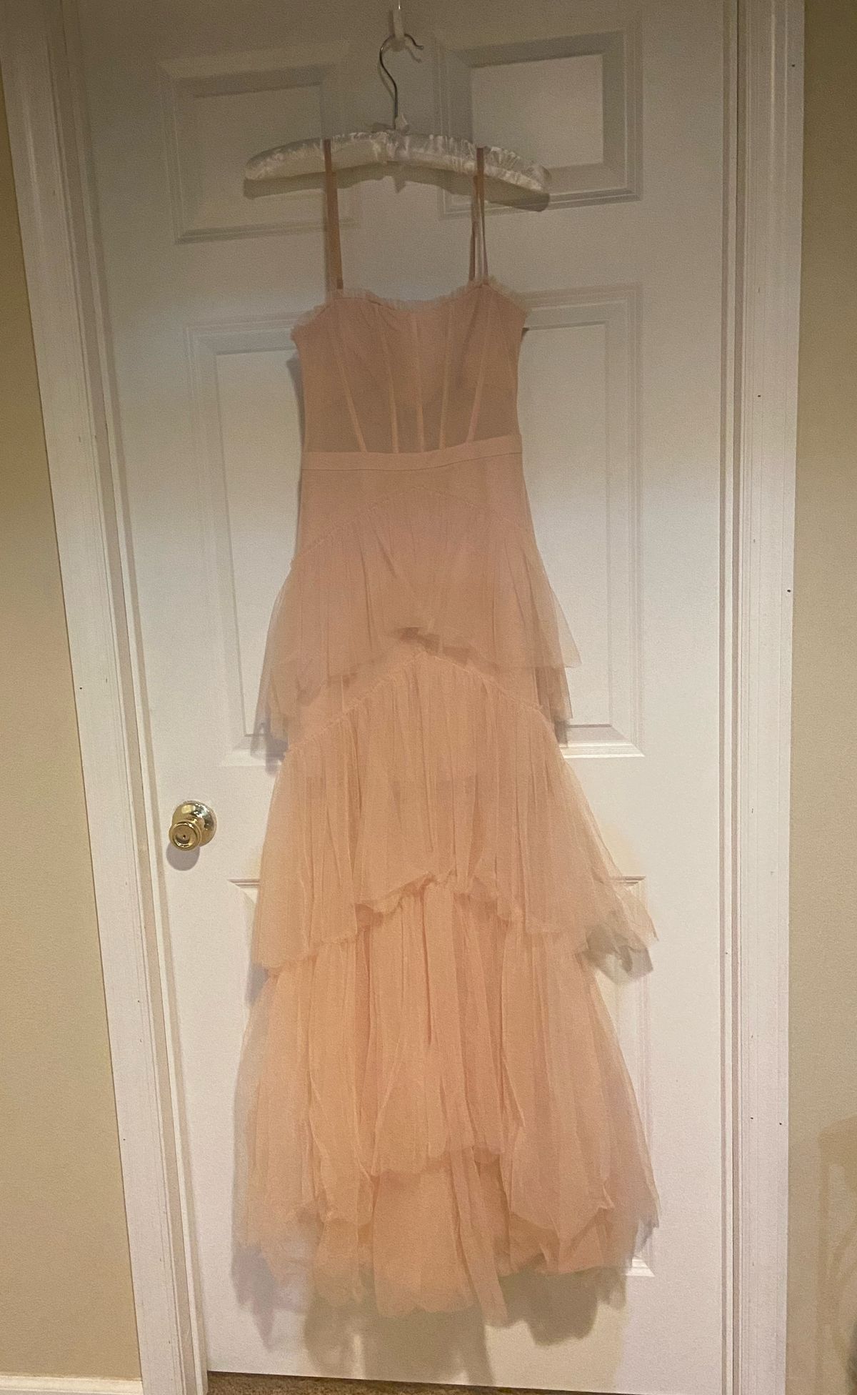 Betsy and Adam Size 4 Bridesmaid Sheer Light Pink Floor Length Maxi on Queenly