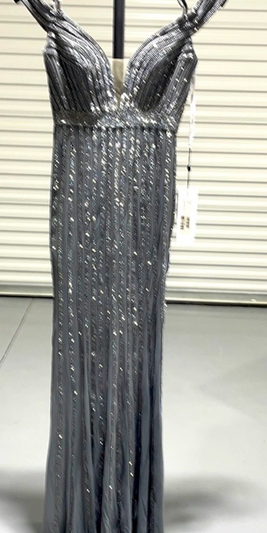 Jovani Size 4 Prom Plunge Sequined Silver Floor Length Maxi on Queenly