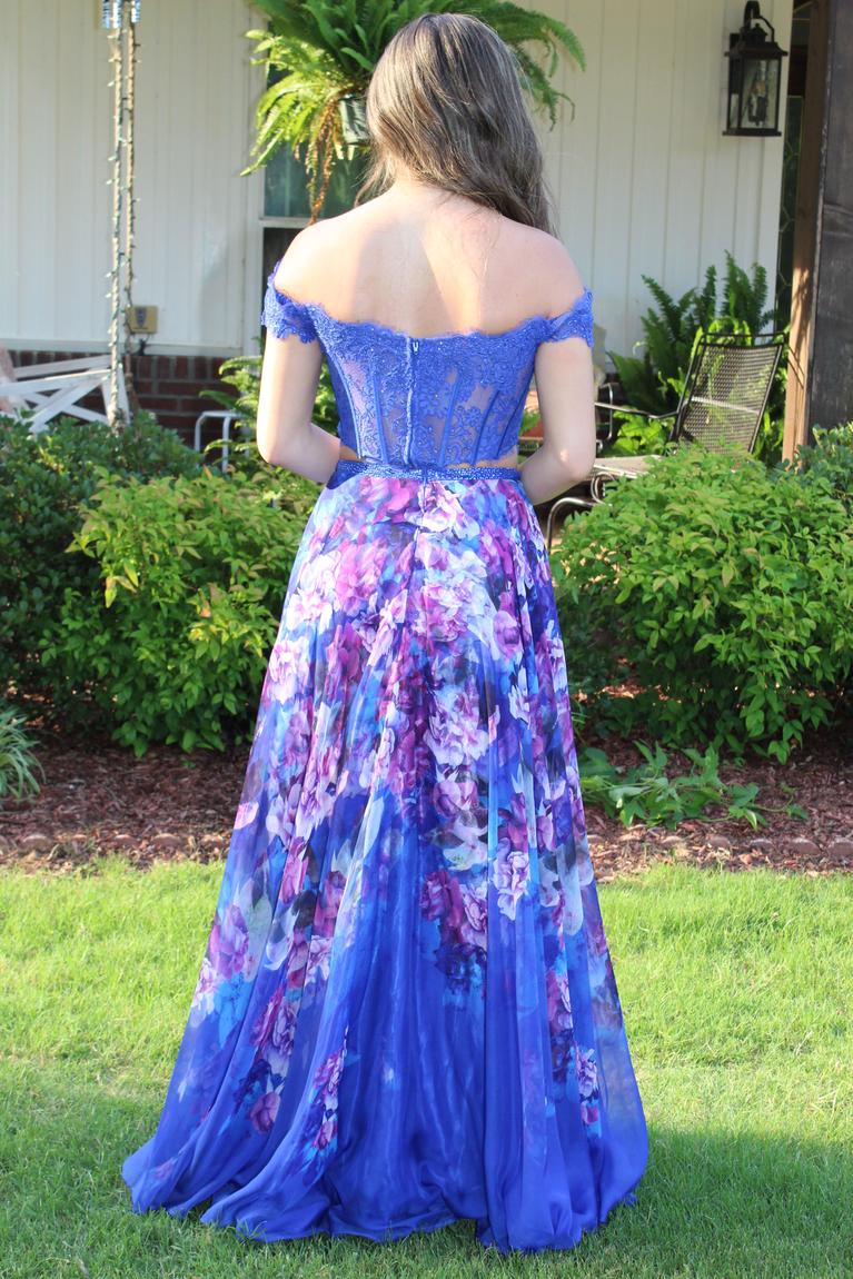 Ellie Wilde Size 4 Prom Floral Royal Blue Floor Length Maxi on Queenly