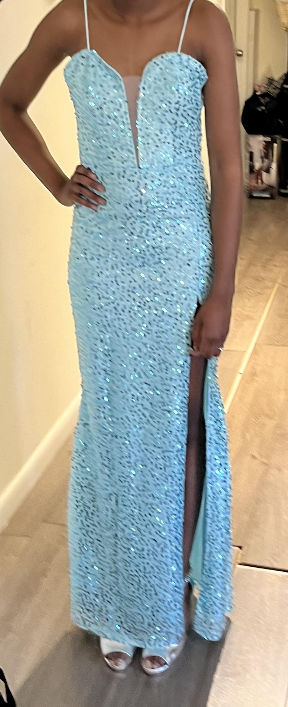Size 2 Prom Off The Shoulder Sequined Blue Side Slit Dress on Queenly