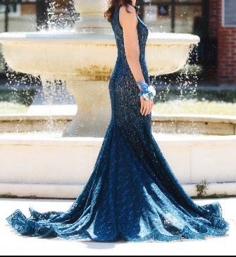 Jovani Size 4 Prom One Shoulder Lace Navy Blue Dress With Train on Queenly