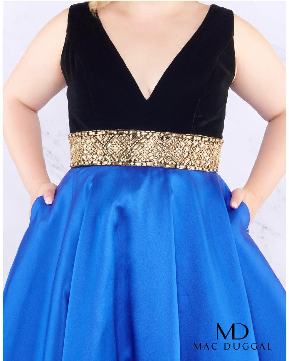 MAC DUGGAL 66787F Plus Size 20 Prom Plunge Velvet Blue Ball Gown on Queenly