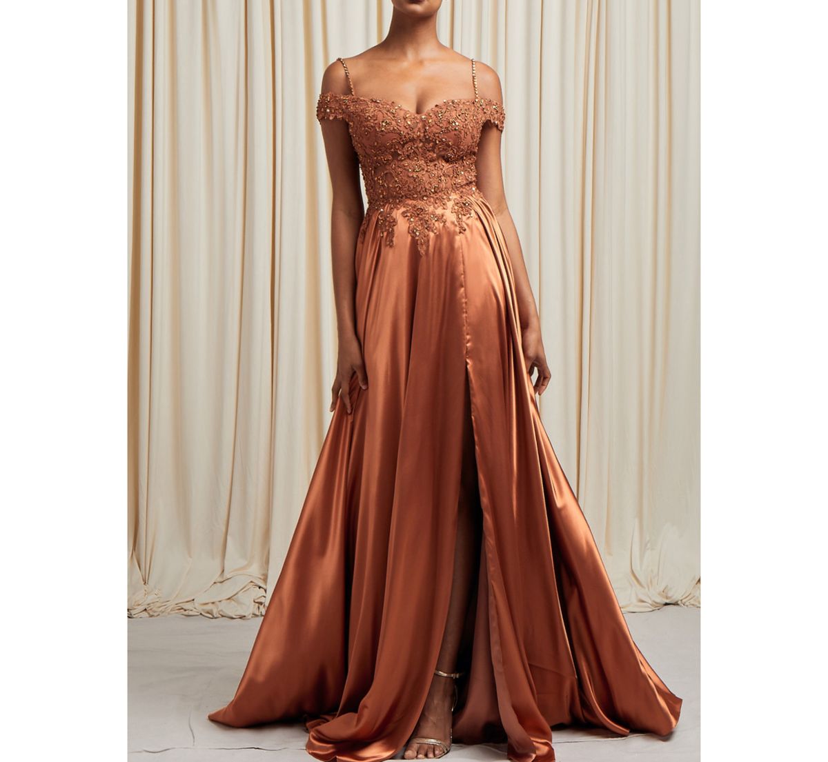 Style Burnt Orange Beaded Sweetheart Neckline Satin A-line Ball Gown Bicici & Coty  Size 12 Off The Shoulder Satin Orange A-line Dress on Queenly