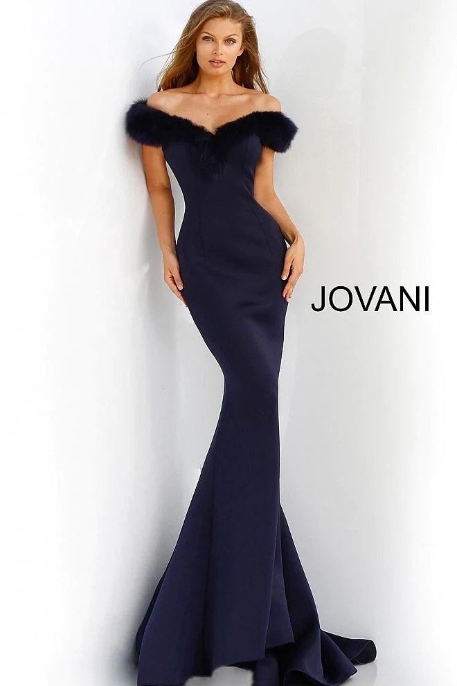 Jovani Size 4 Prom Off The Shoulder Navy Blue Mermaid Dress on Queenly